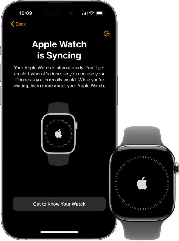 iPhone 和 Apple Watch 显示同步屏幕。