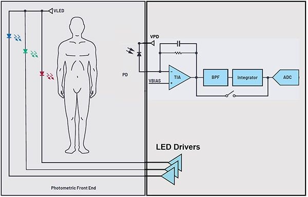 SpO2 测试的信号链从 LED 灯信号开始（点击放大）。