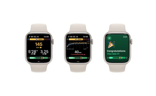 三张来自 Apple Watch 的截屏，其中显示了 watchOS 上的“Gentler Streak”。 