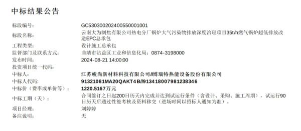 1220万！云南大为制焦热电分厂35t/h燃气锅炉超低排放改造EPC总承包中标