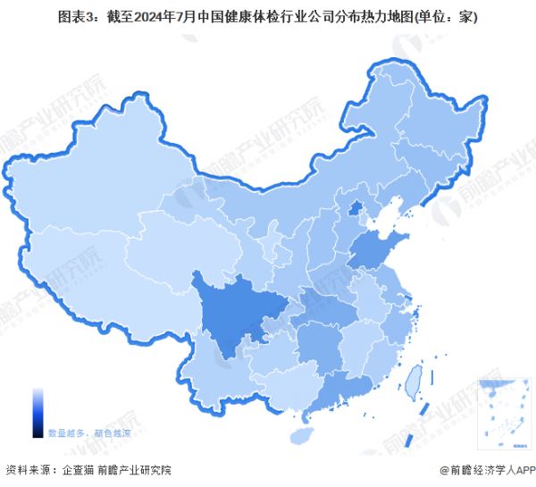 图表3：截至2024年7月中国健康体检行业公司分布热力地图(单位：家)