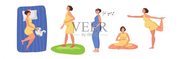 怀孕期间健康的生活方式。健康的睡眠，户外散步，健身对孕妇和婴儿的好处的重要性。孕妇睡觉，散步，做瑜伽。矢量插图。插画图片素材