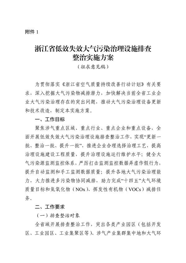 《浙江省低效失效大气污染治理设施排查整治实施方案》征求意见