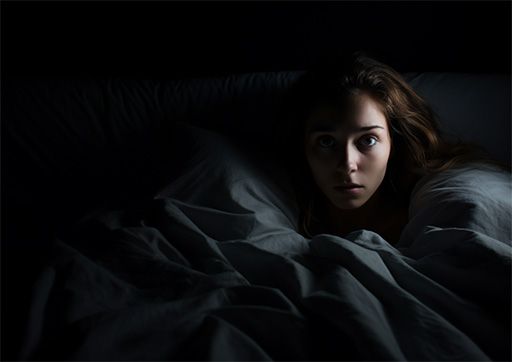 女人躺在床上，一臉擔(dān)憂地盯著天花板