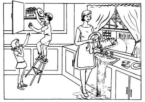 cartoon illustration of a young girl watching a boy falling off a stool and a woman washing dishes with water overflowing from the sink