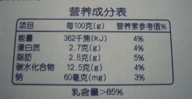 某品牌酸奶营养成分表