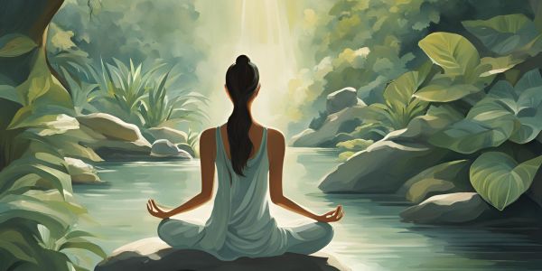 Illustration of a serene meditation scene by a river surrounded by lush greenery, symbolizing the calming and cleansing effects of Sacred Plant Co's detox tea for boosting vitality and wellness.