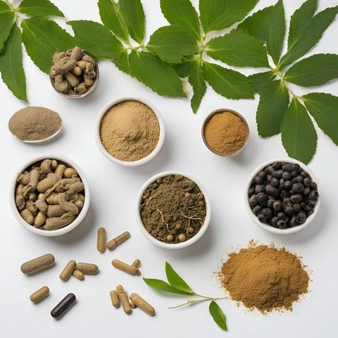 Sacred Plant Co 公司提供各種形式的平衡荷爾蒙草藥補(bǔ)充劑，包括膠囊、粉末和干草藥。白色背景上展示著新鮮的綠葉，突出了平衡荷爾蒙的天然成分。
