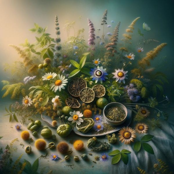 Dreamweaver" Herbal Tea. It captures the essence of the tea with an artistic arrangement of its key ingredients.
