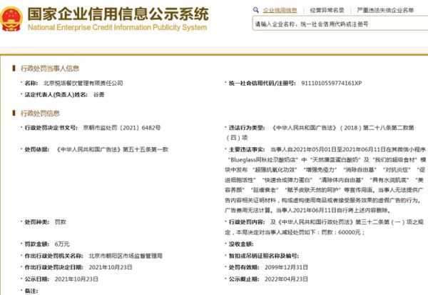 Blueglass酸奶遭罰6萬元：發(fā)布虛假廣告 宣稱可美容養(yǎng)顏、延緩衰老