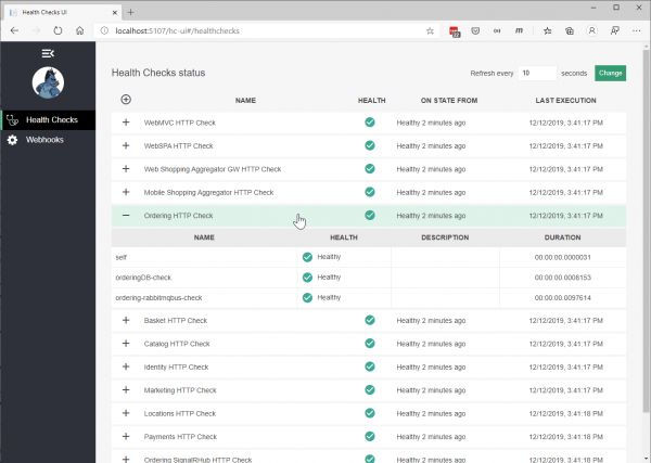 eShopOnContainers 健康狀態(tài)的健康檢查 UI 螢幕擷取畫面。