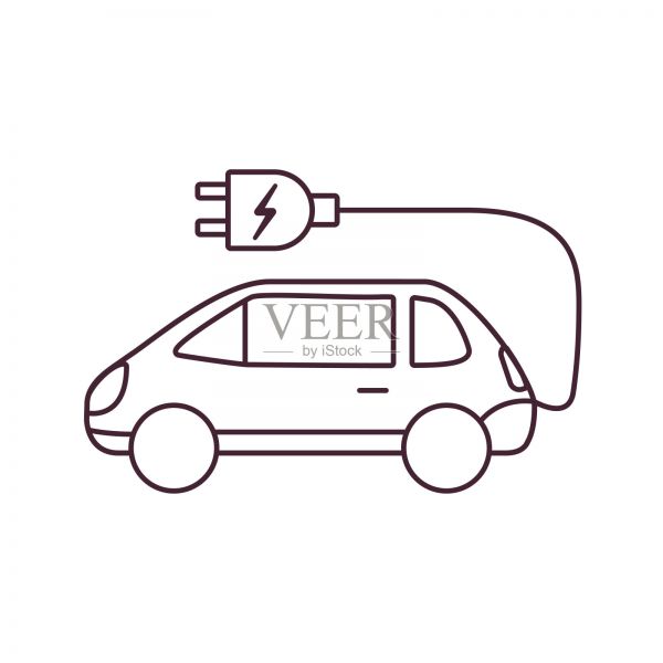 电动汽车图标。环保概念车。侧视图。插电式电动汽车。电动马达。可充电电池。插画图片素材