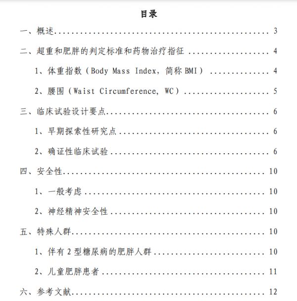 《体重控制药物临床试验技术指导原则》目录