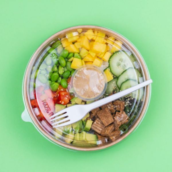 close up of a healthy lunch in a plastic container on green background