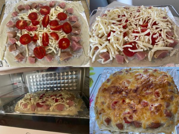 手抓饼虾滑香肠西红柿披萨的做法