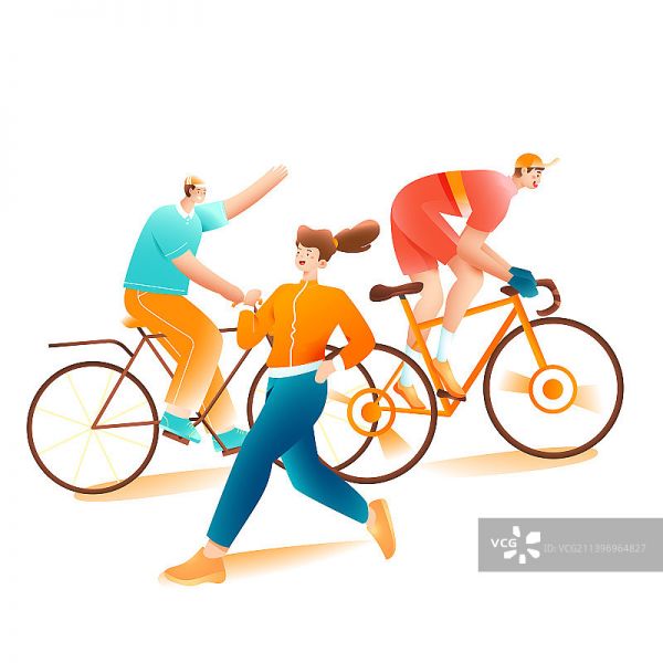 卡通电商促销运动全民健身社交晨跑健康体态身体活力年轻娱乐休闲生活方式体育学生潮流青年渐变矢量插画图片素材