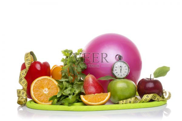 健身器材和健康食品隔離在白色照片攝影圖片