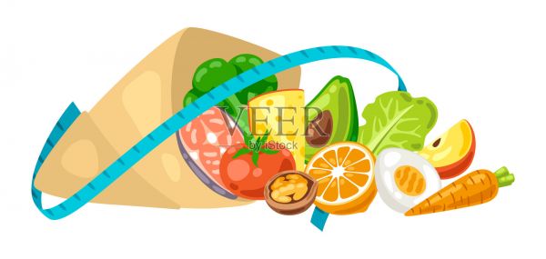 食品包装插图。健康饮食和减肥餐。水果，蔬菜和蛋白质，以获得适当的营养。插画图片素材