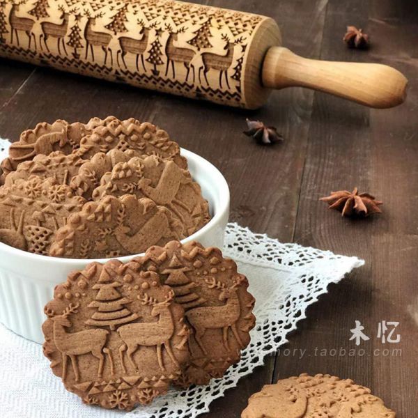 創(chuàng)意花紋餅干面棍實木家用壓面烘焙廚房壓花印花搟面杖