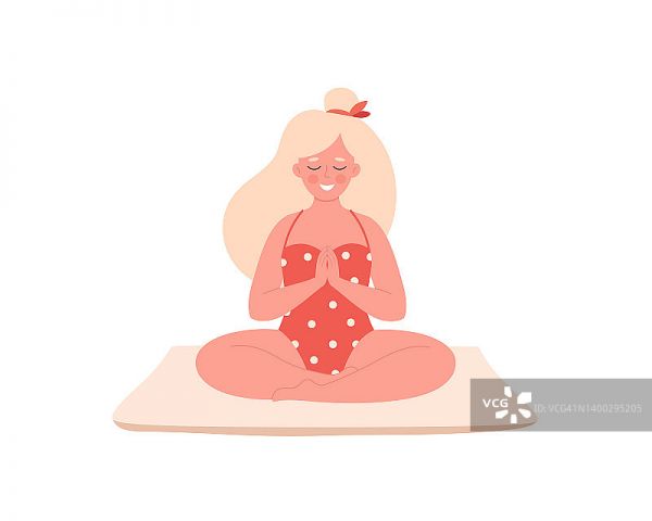 女人在瑜伽墊上冥想蓮花姿勢(shì)。健康的生活方式，瑜伽，放松，呼吸鍛煉。世界瑜伽的一天。手繪矢量插圖圖片素材