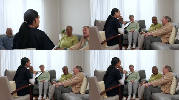 在養(yǎng)老院或退休社區(qū)的老年人和孤獨(dú)社區(qū)的支持小組中，老年人、傾聽者和護(hù)理者。治療，老年男性或女性在抑郁