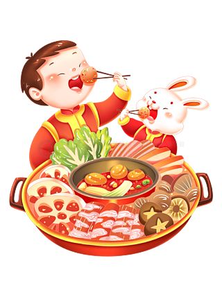 兔年春節(jié)兔子福娃男孩團(tuán)圓飯除夕夜吃火鍋