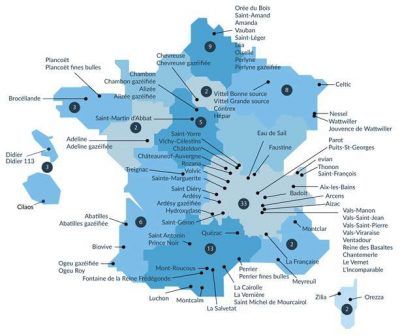 Encyclopédie environnement - eaux minérales - Carte des eaux minérales naturelles en France - map of natural mineral waters in france