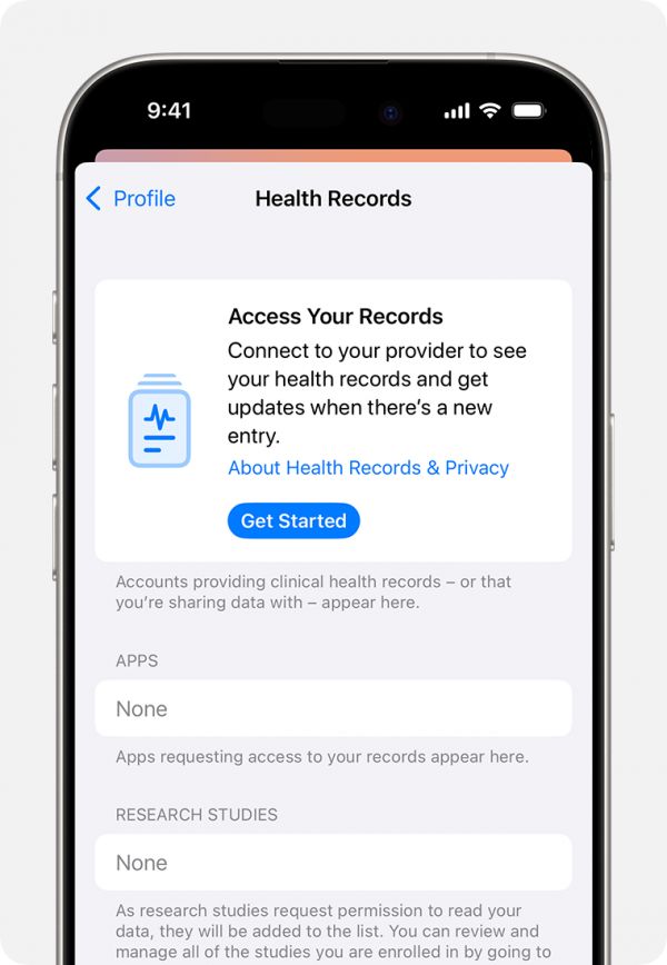带有“开始使用”按钮的 iPhone 屏幕，用于连接到你的医疗服务提供者。