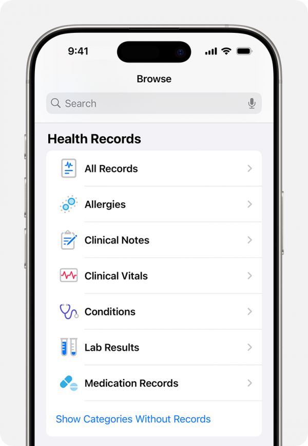 iPhone 屏幕列出了可由你的提供者共享的可用健康记录。