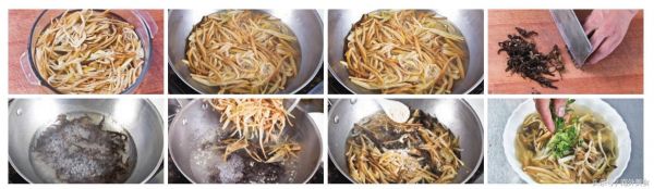 木耳黃花湯，干黃花菜100克，黑木耳、香菜各15克