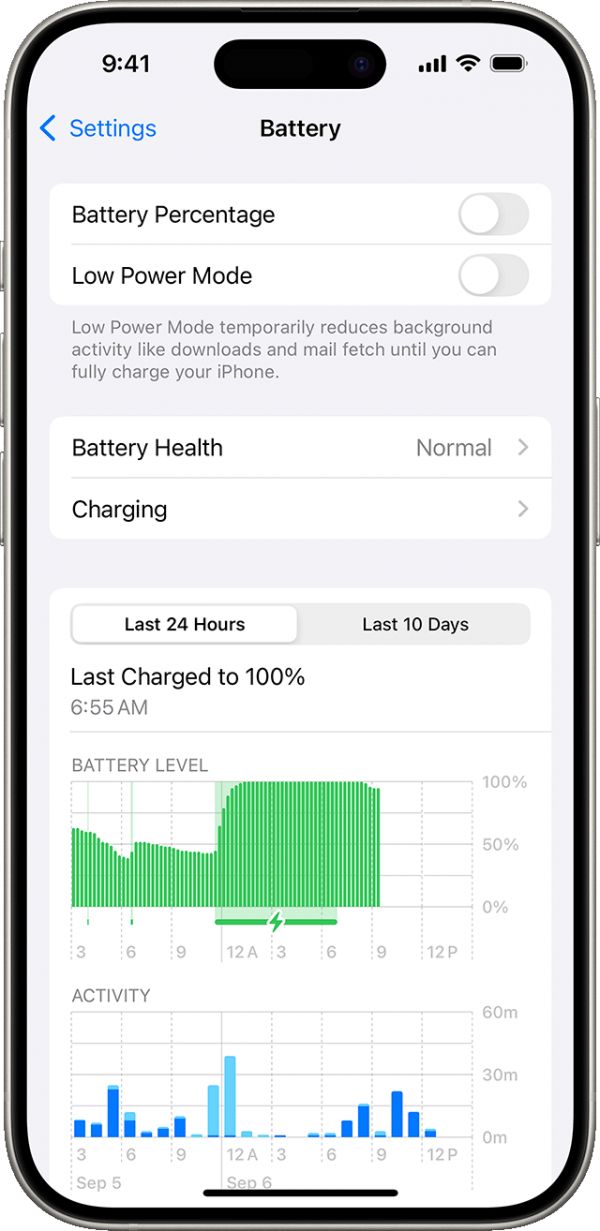 iPhone 上顯示了“設(shè)置”中的“電池”屏幕