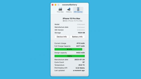 coconutBattery iphone 15 pro