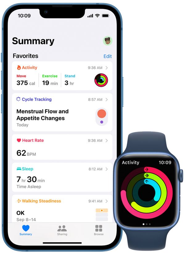 An Apple Watch displaying Activity rings, and an iPhone displaying a summary chart of activity over a 24 hour period