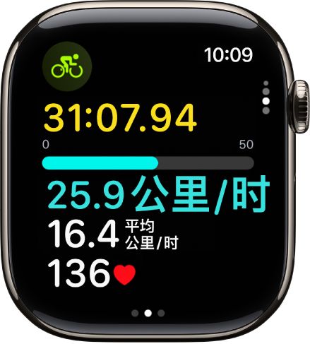 正在进行的单车训练显示体能训练已进行的累计时间、速度、平均速度和心率。