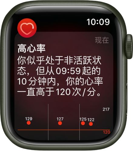“心率提醒”屏幕，指示检测到心率较高。