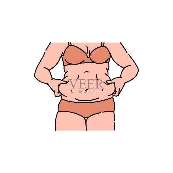 女人抓著多余的脂肪在她的肚子上，超重的女性身體畫(huà)與小腹上腰，健身和節(jié)食前的圖片插畫(huà)圖片素材
