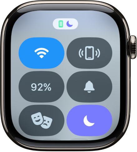 控制中心显示六个按钮，分别为：无线局域网、呼叫 iPhone、电池、静音模式、剧院模式和勿扰模式。