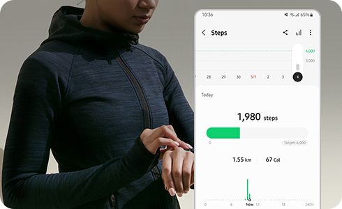View of a woman with a Samsung Watch and the Samsung Health app main screen with step counter display.