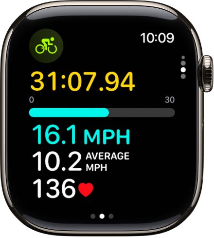 The Workout screen showing the metrics for an outdoor cycle workout.