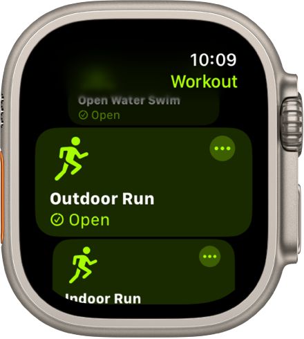 The Workout app with Outdoor Run highlighted.