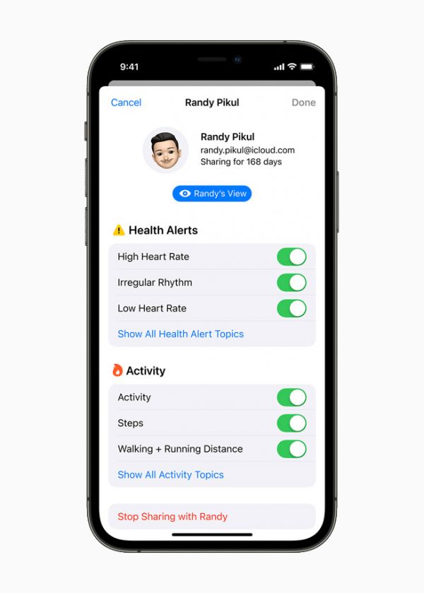 在 iPhone 12 Pro 的健康 app 使用與你共享標(biāo)簽頁顯示受信任合作伙伴的資料信息，其中匯總了用戶選擇與其共享的提醒和活動(dòng)。