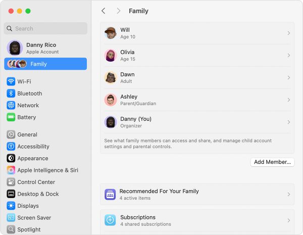 macOS 屏幕上显示了向家人共享群组添加成员的步骤。