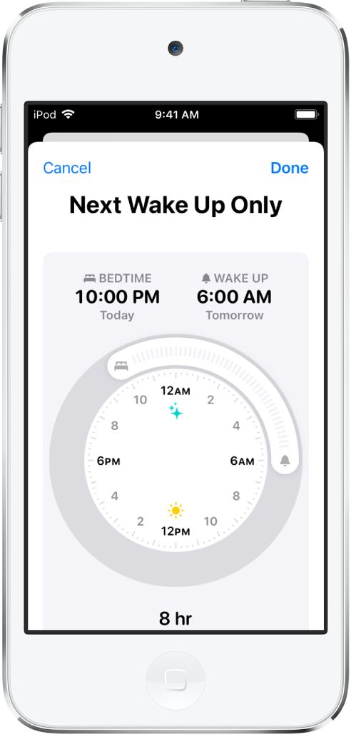 “仅下次起床时”屏幕，显示就寝设定在今天晚上 10 点，起床设定在明天早上 6 点。