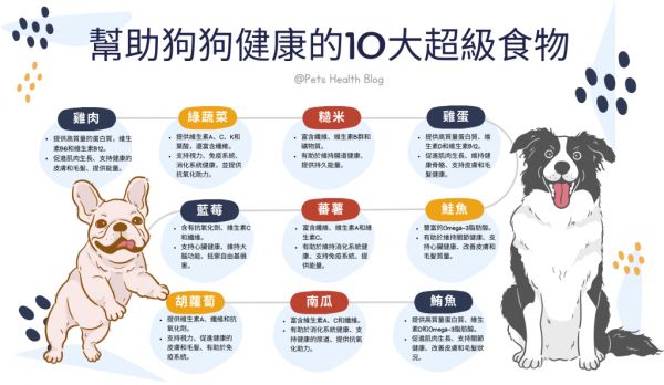 幫助狗狗健康的10大超級食物分別為:雞肉、綠色蔬菜、糙米、雞蛋、藍莓、蕃薯、鮭魚、胡蘿蔔、南瓜和鮪魚。