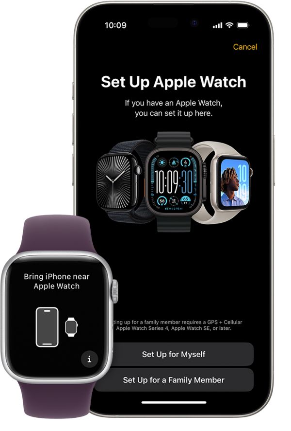 Apple Watch and iPhone showing the pairing screens on each device