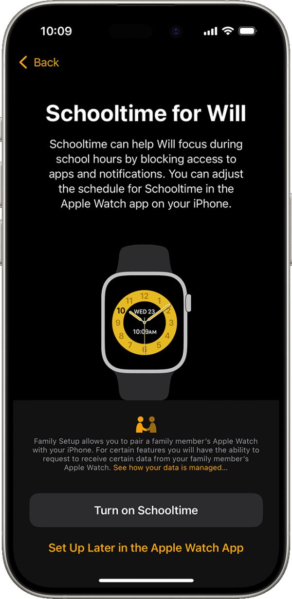 iPhone showing the Apple Watch Schooltime setup screen