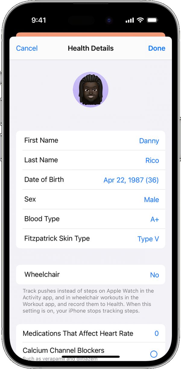 iPhone 上的「健康詳細(xì)資料」畫面，當(dāng)中顯示「健康個(gè)人檔案」資訊，例如生日和血型。