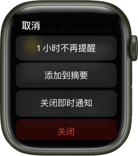 Apple Watch 上的通知設(shè)置。頂部按鈕顯示“1 小時(shí)不再提醒”。下方是“添加到摘要”、“關(guān)閉即時(shí)通知”和“關(guān)閉”按鈕。