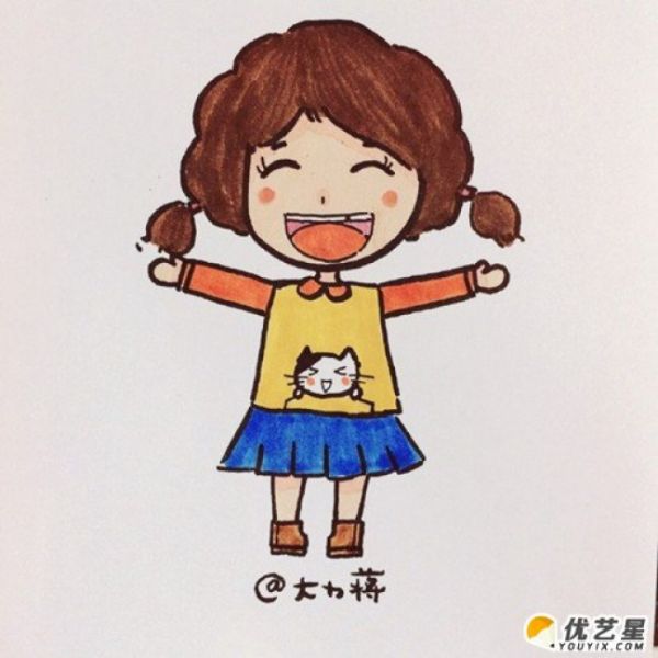 活潑開朗的小女孩怎么畫 笑容的女生簡筆畫畫法 可愛小學女生卡通畫手繪教程_www.youyix.com