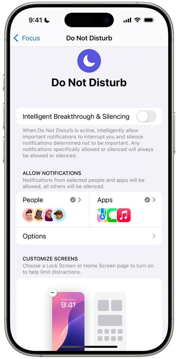在支持 Apple 智能的 iPhone 上，你可以在“設(shè)置”>“專(zhuān)注模式”中打開(kāi)“智能打斷與靜音”。